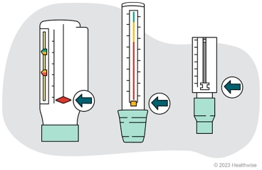 Three different peak flow meters set to their lowest number.