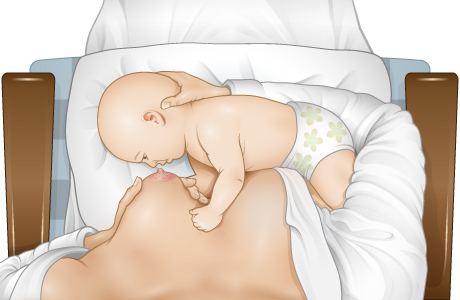 Baby lying on side with mouth in front of nipple. Baby lying on side with mouth in front of nipple.