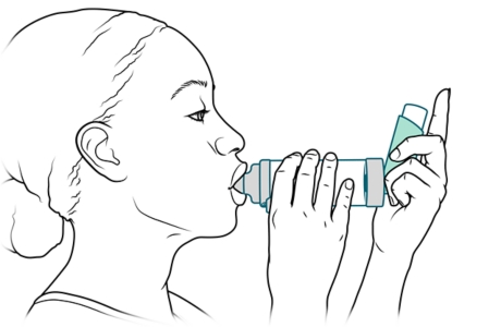 Person with mouthpiece of spacer in mouth.